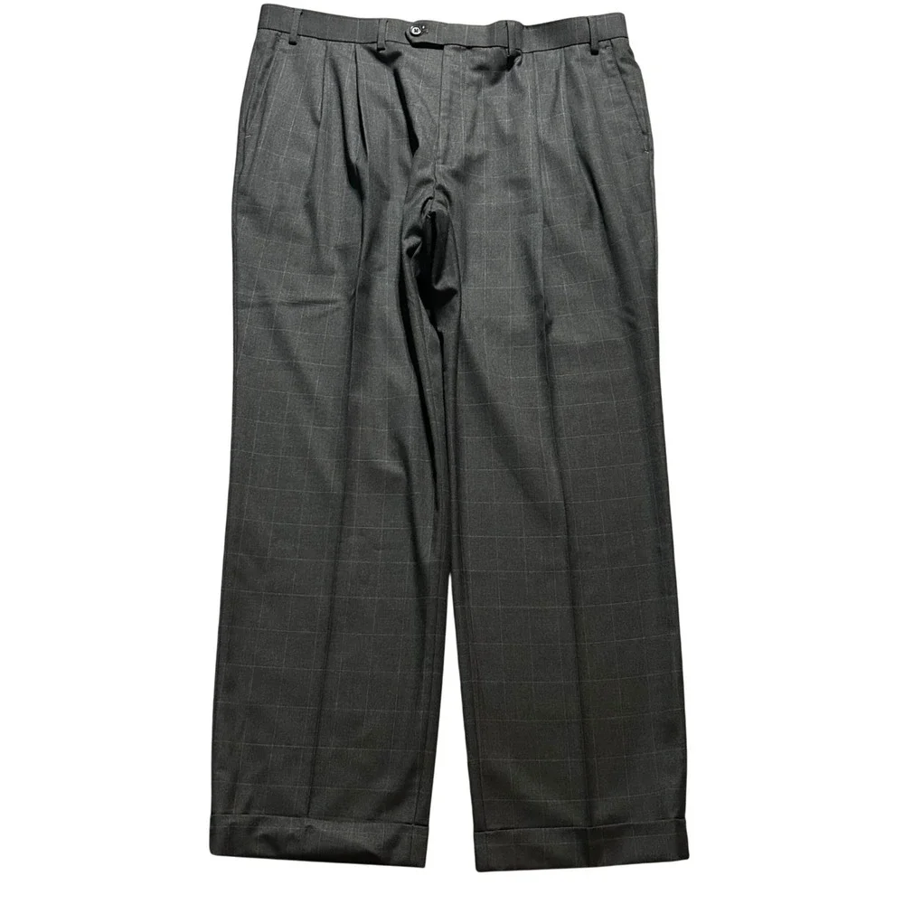 Ralph Lauren Dress Pants Mens 40x30 (Fits 39x30) Grey Windowpane Pleated Cuffed